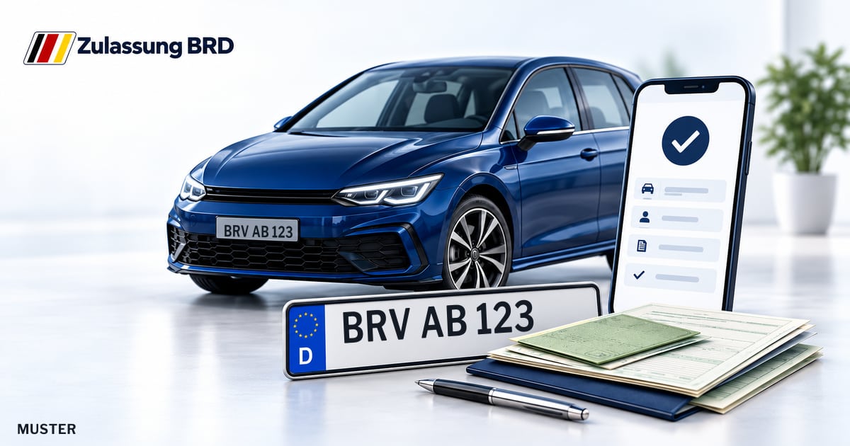 Online Fahrzeugzulassung in Scheeßel: Musterkennzeichen BRV AB 123, Auto und Fahrzeugpapiere und Smartphone. Illustration mit Logo von Zulassung BRD.